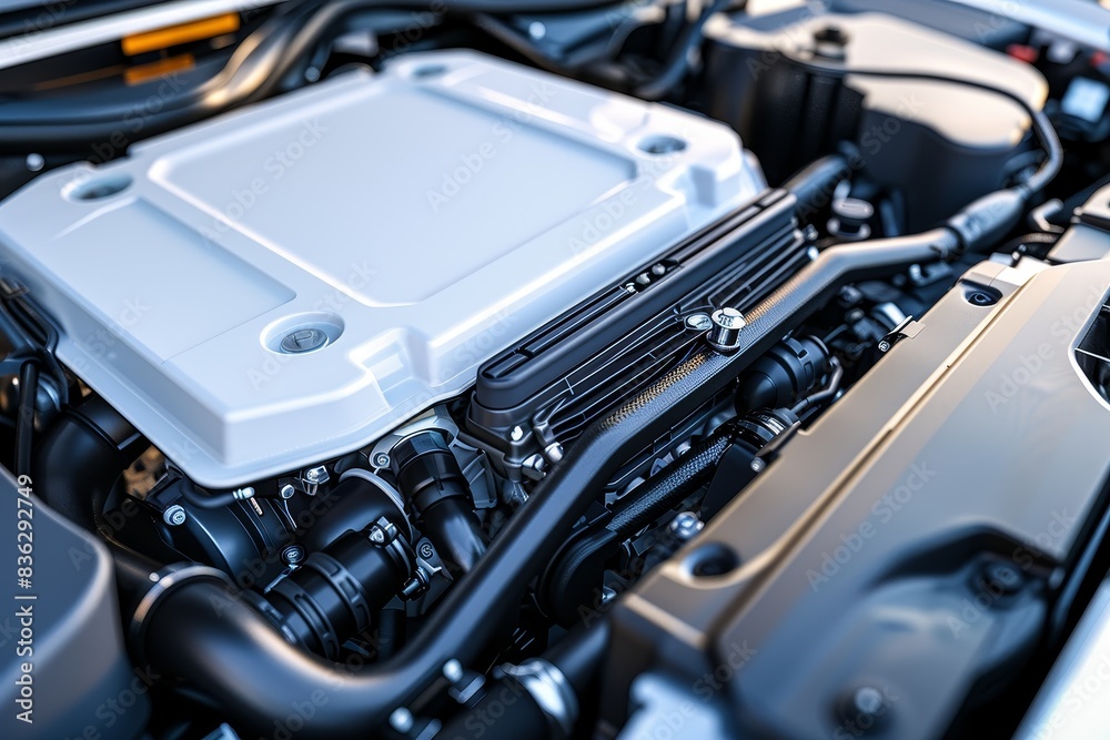 A car engine with a white box on top of it A car engine with a white box on top of it