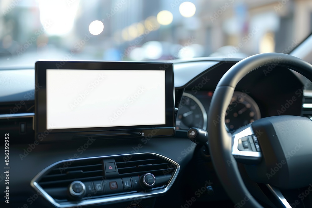 A car with a black steering wheel and a white screen A car with a black steering wheel and a white screen