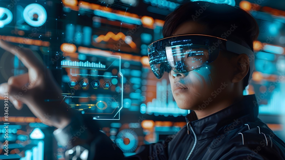 Person using AR glasses in a modern office, surrounded by floating data interfaces Person using AR glasses in a modern office, surrounded by floating data interfaces