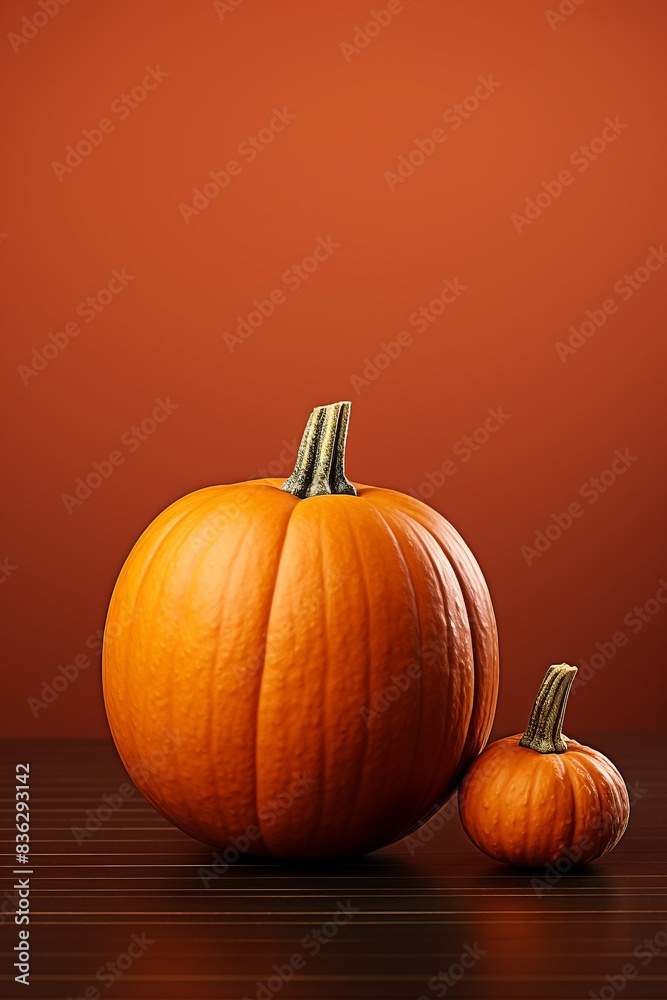 Small round orange pumpkin with a soft brown background. Vertical dark still life with copy space