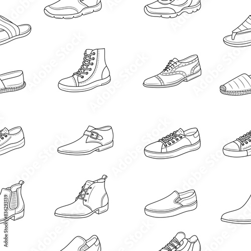 Men's shoe collection. Various types of male shoes casual boots, sneakers, formal shoes, vector line seamless pattern background.