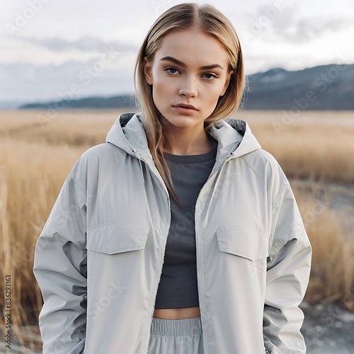 beautiful girl in white windbreaker jacket mockup