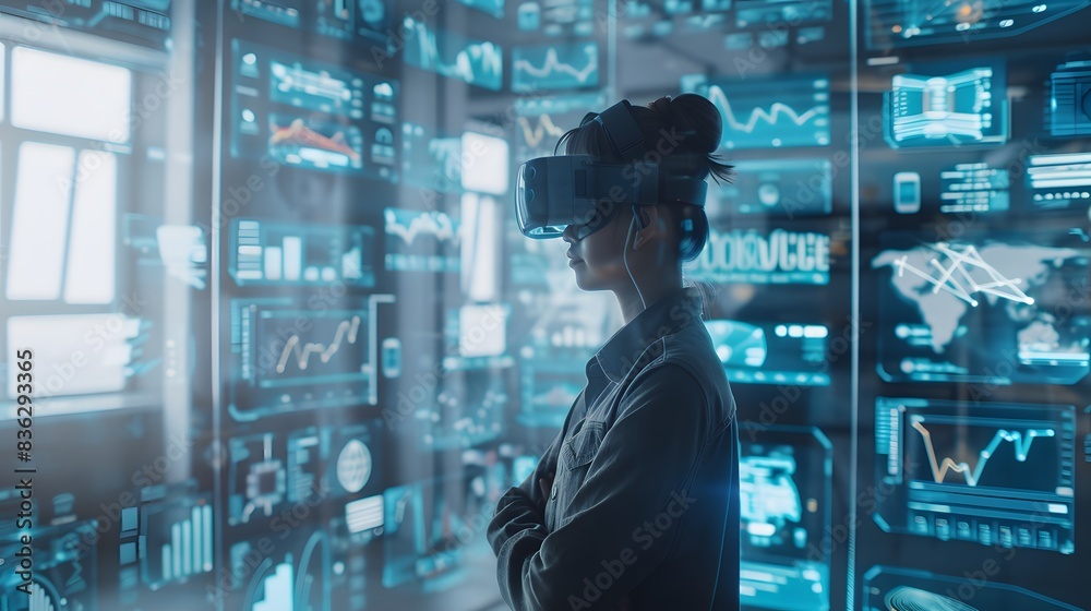 Person using AR glasses in a modern office, surrounded by floating data interfaces Person using AR glasses in a modern office, surrounded by floating data interfaces