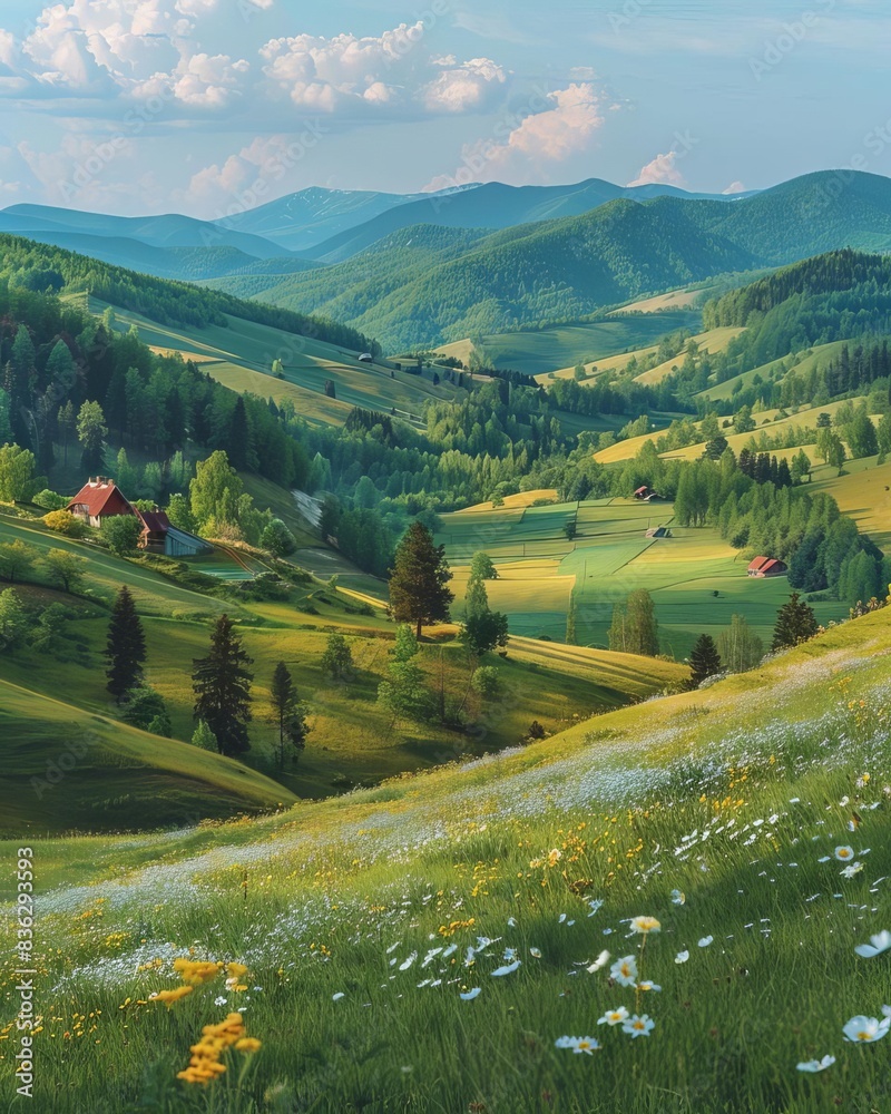 Naklejka premium panorama of beautiful countryside of romania sunny afternoon wonderful springtime landscape in mountains grassy field and rolling hills rural scenery