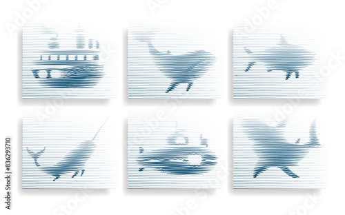 Lines Hologram Effect Sea Wavy Blue with whale, shark, swordfish, flounder, narval,  submarine,  cargo ship, Vector Background Set 