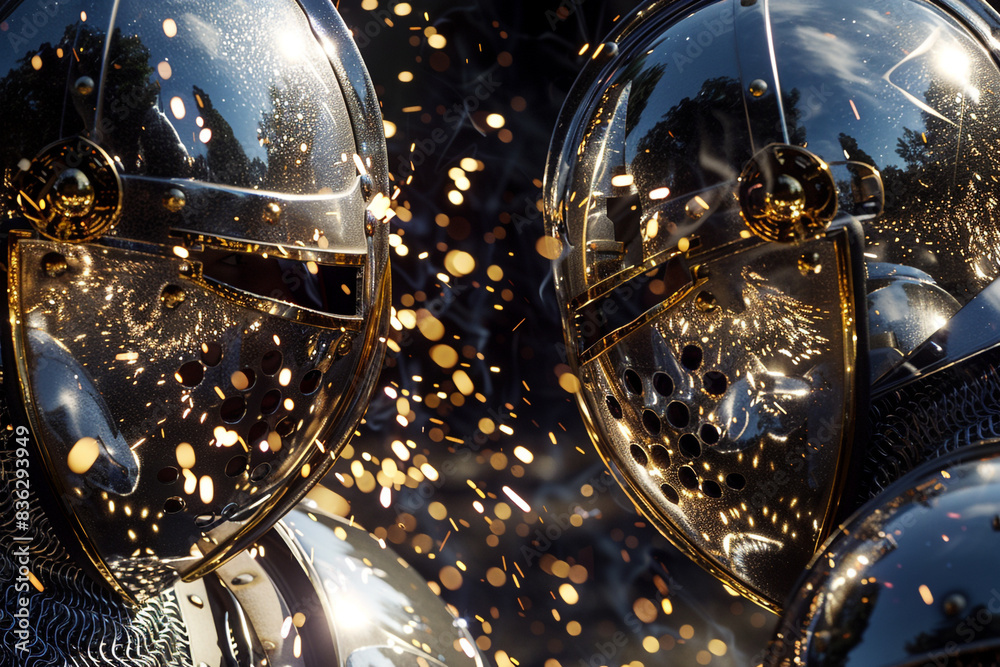 A close-up of two knights' helmets clashing in battle, sparks flying and the reflections of their horses visible in the polished metal. A close-up of two knights' helmets clashing in battle, sparks flying and the reflections of their horses visible in the polished metal.