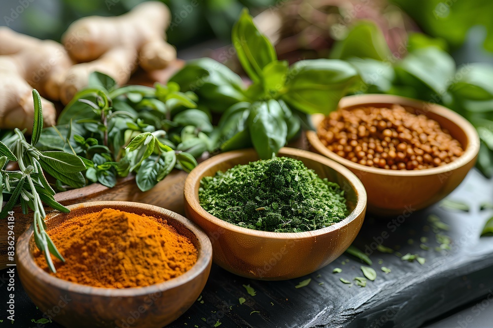 A table topped with wooden bowls filled with different types of spices A table topped with wooden bowls filled with different types of spices