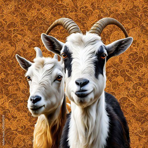 An Artistic Depiction of Goat Nobility Against a Tapestry of Tradition on Ocassion of Eid ul Adha photo