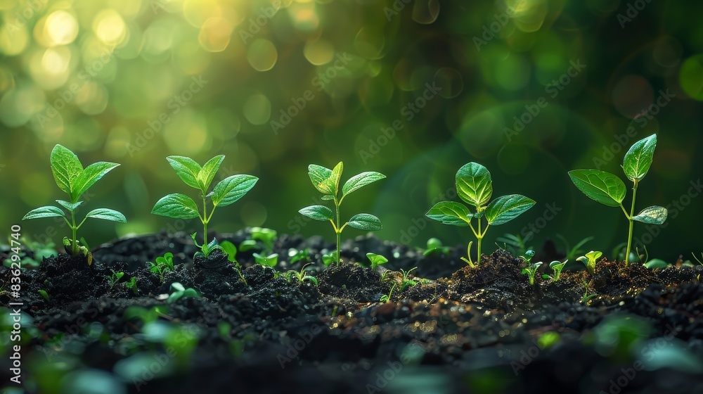 Young green seedlings growing in rich soil with sunlight Young green seedlings growing in rich soil with sunlight