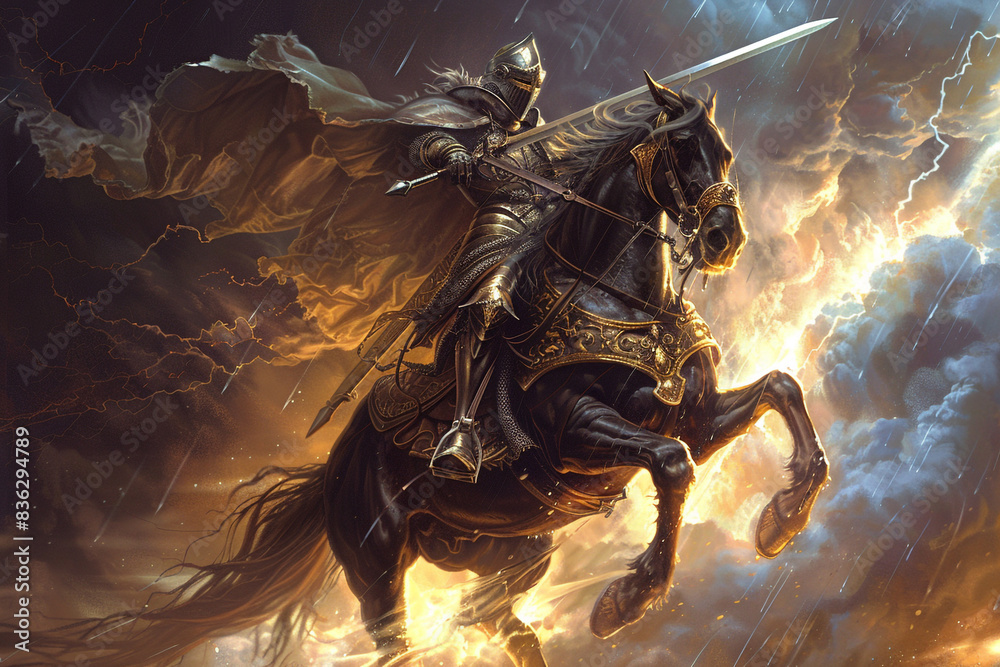 A knight on a rearing horse, his sword raised high against the backdrop of a stormy sky. A knight on a rearing horse, his sword raised high against the backdrop of a stormy sky.