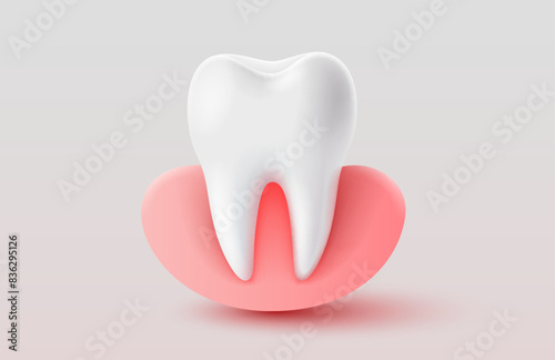 Tooth with gum, 3D illustration of a tooth on a light background. Vector illustration