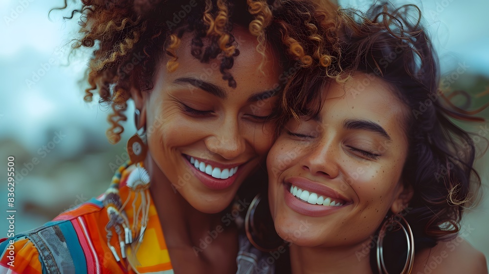 Fototapeta premium 3. Transgender woman smiling brightly as she embraces her partner, their faces close together, with a city skyline in the background