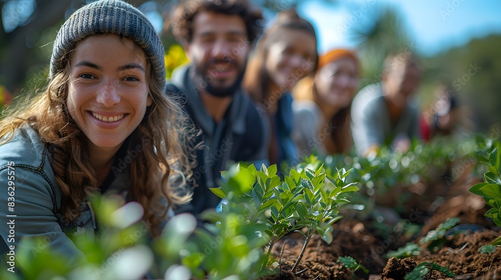 1. Diverse group of volunteers planting trees in a park, smiling and working together under a clear blue sky