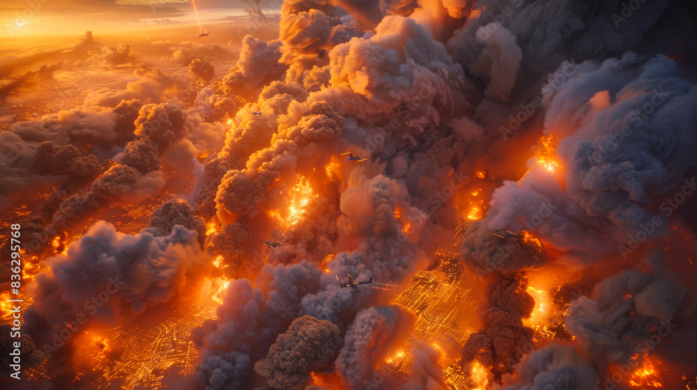 Apocalypse Futuristic war. Aerial view of the burning earth and destroyed cities. Clouds of smoke. Apocalypse Futuristic war. Aerial view of the burning earth and destroyed cities. Clouds of smoke.
