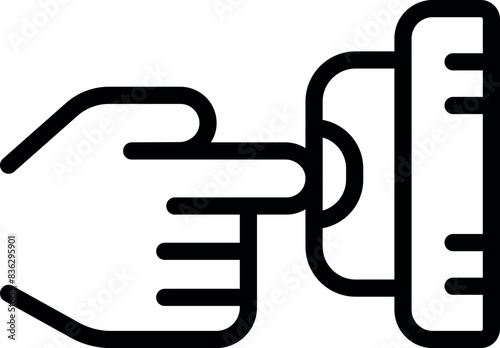 Black and white vector illustration of a hand pressing a doorbell, simple line design