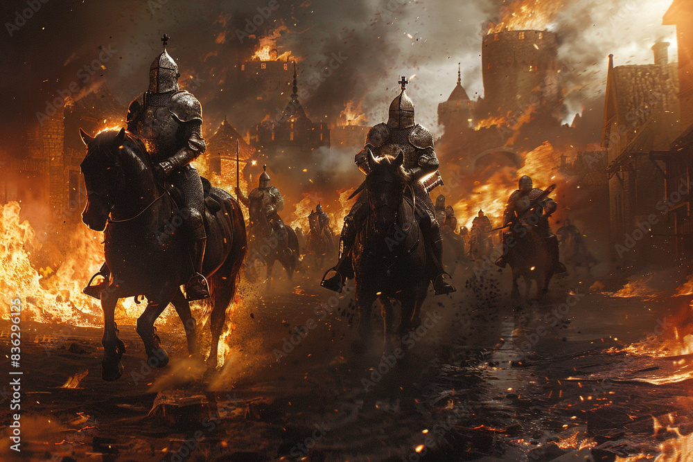 Knights on horseback charging through a burning village, their armor reflecting the flames and smoke swirling around them. Knights on horseback charging through a burning village, their armor reflecting the flames and smoke swirling around them.