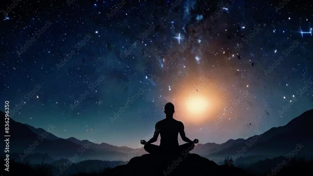 Begin with a serene, star-filled sky. As the male silhouette meditates, stars start falling gently around him, each burst of light adding to his aura, 4K High-Quality meditation Animation Video Begin with a serene, star-filled sky. As the male silhouette meditates, stars start falling gently around him, each burst of light adding to his aura, 4K High-Quality meditation Animation Video