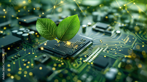 Trees grow with innovative microcircuit boards green computer Green technology. 3D illustration of a computer chip over a code background with leaves and binary code.