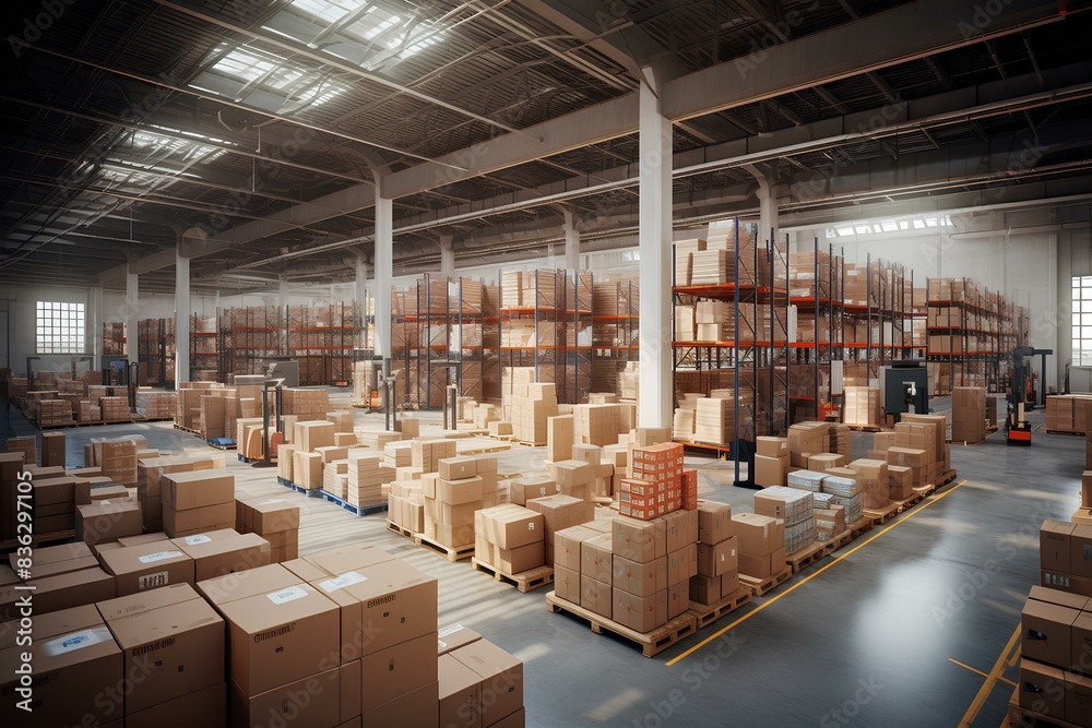 A warehouse filled with various packaged goods. Large warehouse with boxes on shelves. A warehouse filled with various packaged goods. Large warehouse with boxes on shelves.