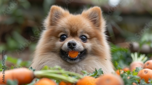 Pomeranian dog eat carrot. Dog outdoor. Beautiful and clever pomeranian dog 