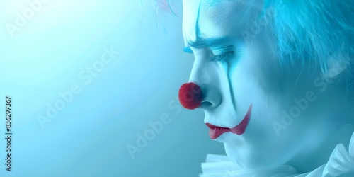 A melancholic circus performer in sad clown makeup feeling unhappy backstage. Concept melancholy, circus performer, sad clown makeup, backstage, unhappy photo