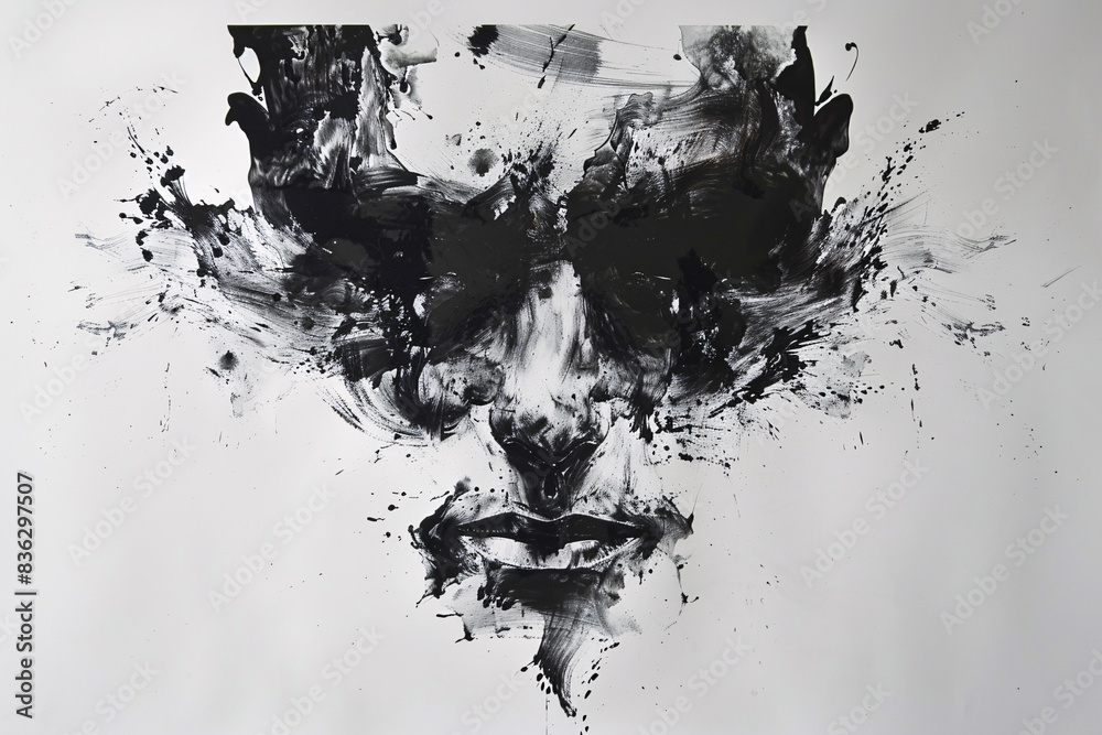 An inkblot test with black ink on white paper in the shape of a human face