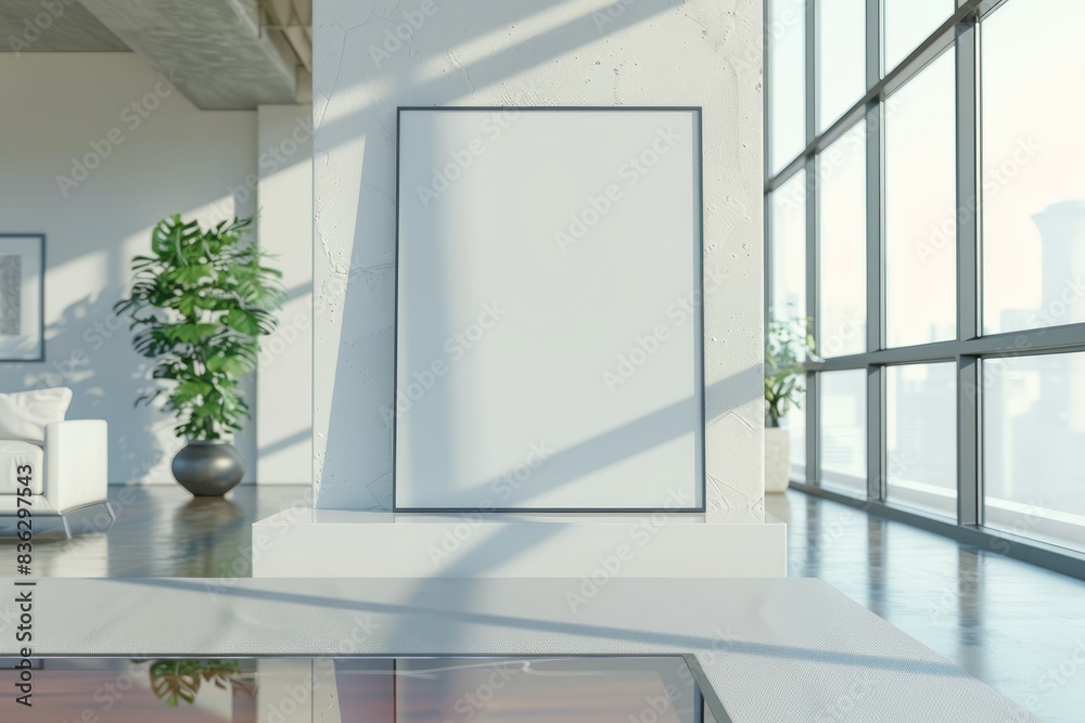 A white framed picture sits on a stand in a room with a large window A white framed picture sits on a stand in a room with a large window