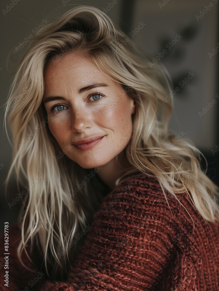 Portrait of a beautiful blond woman with a sensual smile and a natural appearance