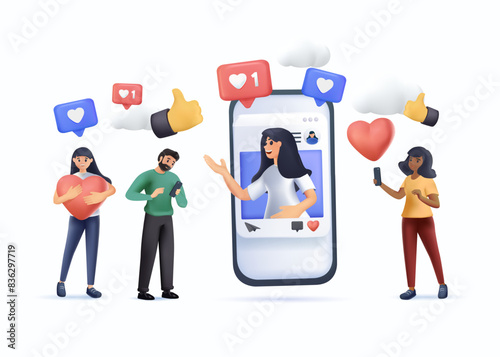 Increase your social media followers. SMM illustration in 3D style. Successful marketing strategies: people bringing likes and reactions to a social media profile on a smartphone. Vector illustration