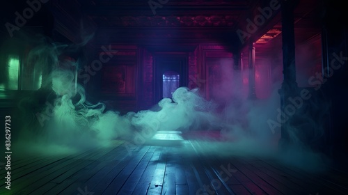 Background of empty dark scene with wooden old floor. Neon light smoke. Dark abstract background. Night wooden table. 