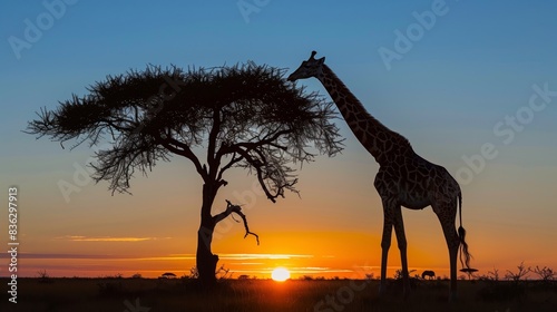 A serene sunset casts a warm glow over the savanna as a giraffe nibbles leaves from a tall acacia tree.