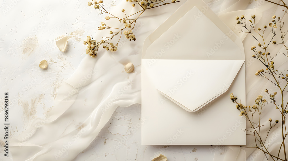 White Flowers and Wedding Invitation envelope on cream Background. Copy space