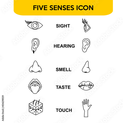 Illustration of Five senses icon. Five senses icon include eyes to see, ears to listen, mouth to speak, nose to smell, skin or hands to touch. Five senses black and white icon graphic design concept