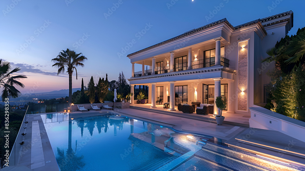Obraz premium modern cozy house with pool and parking for sale or rent in luxurious style and beautiful landscaping on background ,Clear summer night with many stars on the sky