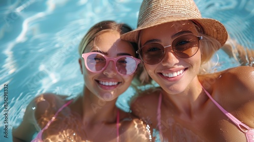 Smiling women in swimsuits wearing stylish sunglasses while relaxing in a sunlit swimming pool