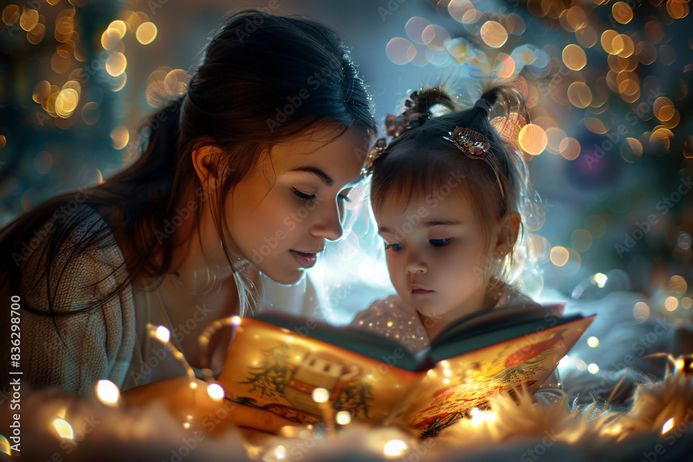 Beautiful moment of a mother reading to her daughter from a book, mother-daughter bonding time, childhood memories Beautiful moment of a mother reading to her daughter from a book, mother-daughter bonding time, childhood memories