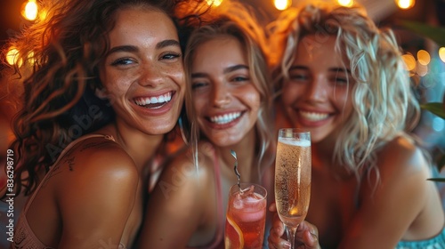 A group of three joyful women raising their glasses for a toast, evoking a sense of celebration © familymedia