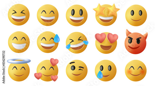 Smiling and Affectionate emojis 3D set. Emoticons big set. Vector icons set. Social media emoji. Emoji faces collection. Funny emoticons faces with facial expressions, UI interface icons