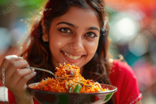young Indian woman eating spicy biryani photo