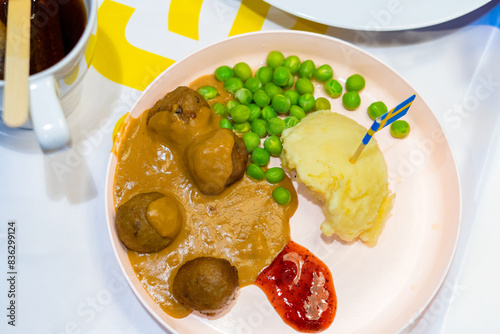 Swedish meatballs with strawberry sauce. Delicious side dish, suitable for kids meal advertising photo