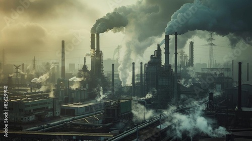 Massive industrial factory with towering smokestacks, bustling activity, heavy machinery, and a gritty, powerful atmosphere