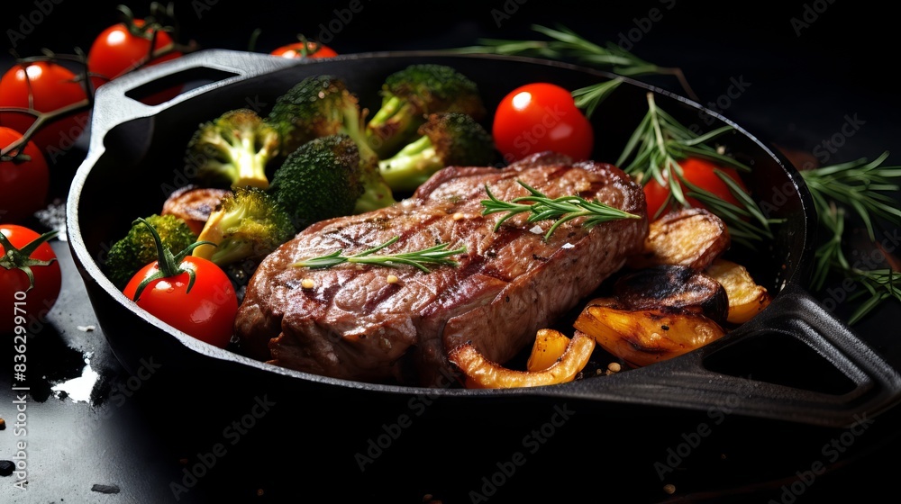 Grilled beef steak with carrots, cherry tomatoes, and broccoli in a cast iron pan - american cuisine concept with copy space
