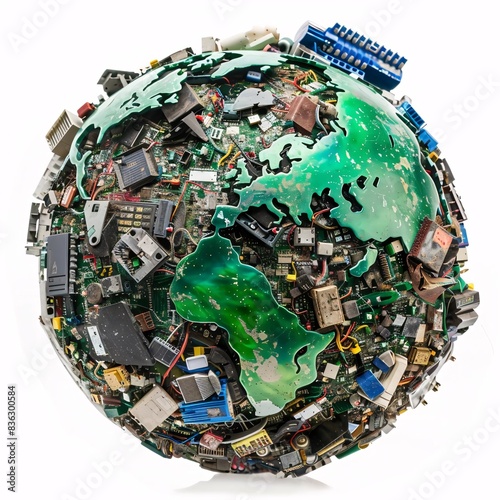 A photo of a globe buried under heaps of electronic waste, isolated on a white background for clear png image