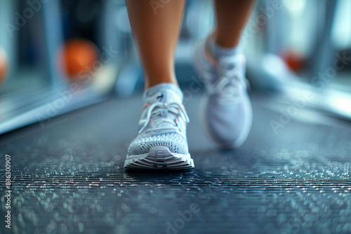 The shoes of a runner, working out on a treadmill at the gym close-up