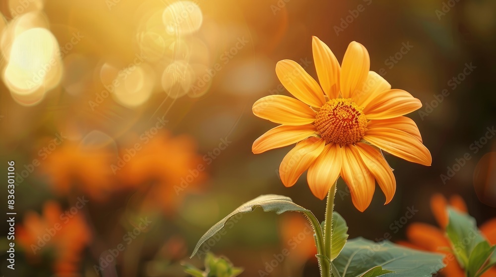 A lovely Mexican sunflower blooms in a garden biosphere on a sunny spring day A lovely Mexican sunflower blooms in a garden biosphere on a sunny spring day