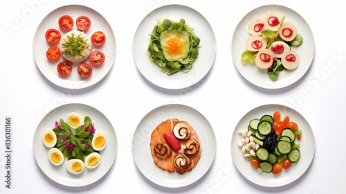  Assorted plates of delicious food dishes isolated on white background, top view – perfect for menus, recipe books, and culinary blogs
