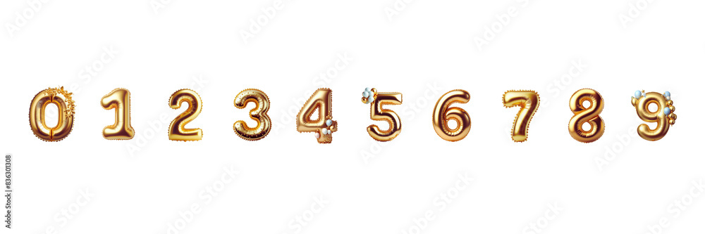 Set of Numbers from 0 to 9 made with foil holographic birthday balloons, isolated over on transparent white background Set of Numbers from 0 to 9 made with foil holographic birthday balloons, isolated over on transparent white background