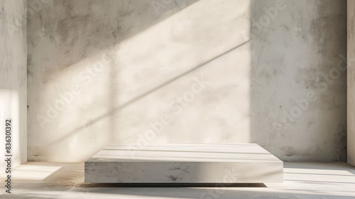 Podium against light wall under window sunlight, minimal shadow play for background setting