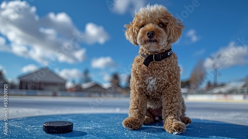A cute golden brown toy poodle sits on the ice next to a hockey puck, with a dreamy look in its eyes.
