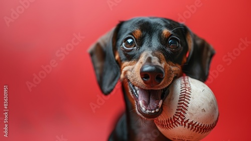 A cute dachshund dog with a baseball in its mouth on a red background. photo